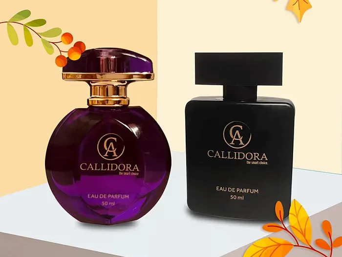 Deux flacons de parfum Callidora, un violet et un noir